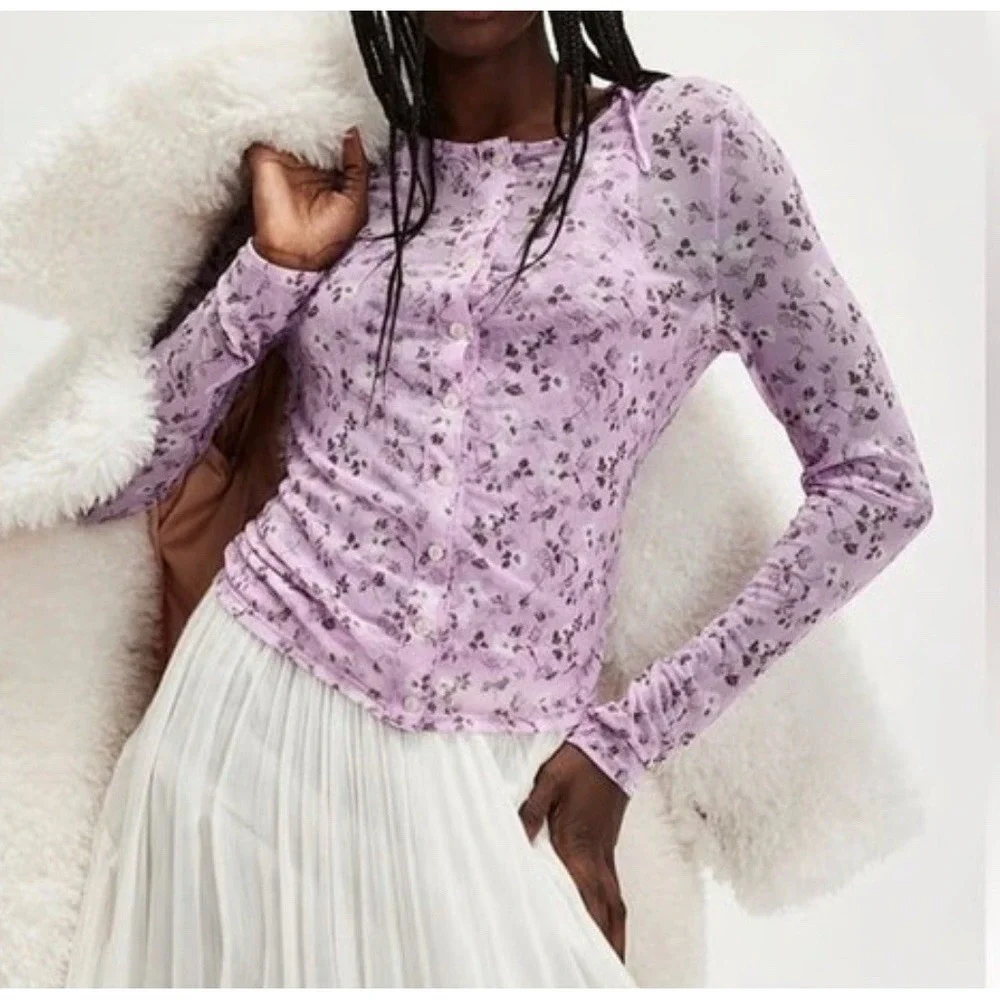 NWOT Free People Twosie For One Mesh‎ Top Set Y2K Floral Size XS Lilac Combo